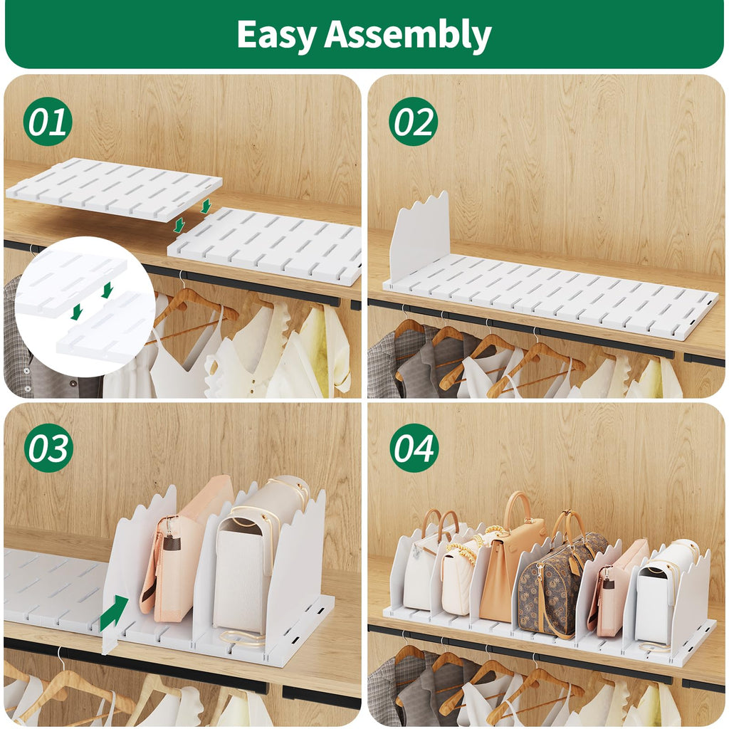 Shelf Divider for Closet, Adjustable Purse Organizers, White