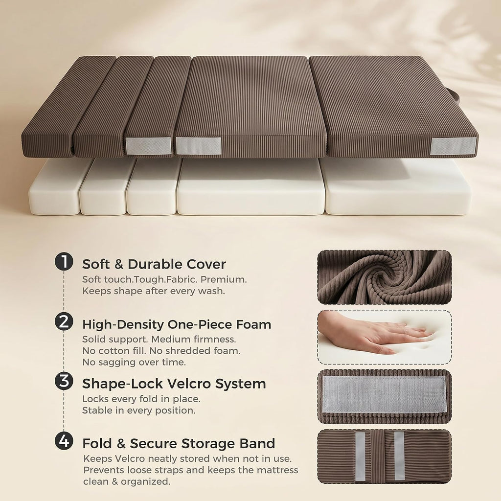 Tri-Fold Futon Mattress, Foldable Japanese Floor Sleep Mattress, High-Density Foam Tatami Bed Mat with Corduroy