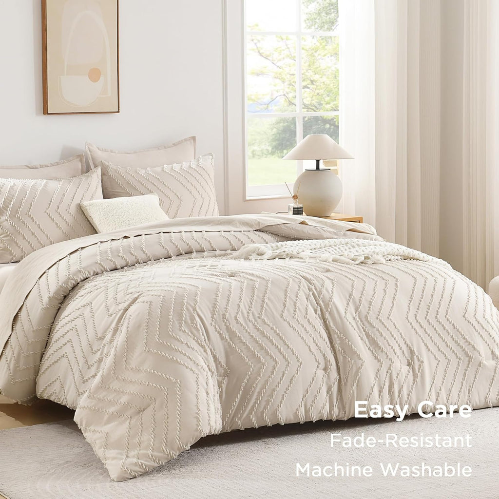 Queen Comforter Set Beige, Comforters Queen Boho Cream Soft Warm Tufted Neutral Bedding Comforter Sets for Queen Bed