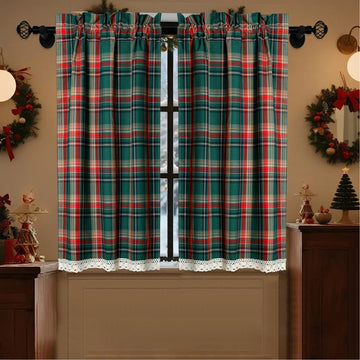 2 Pcs Scottish Plaid Tier Curtains Rod Pocket Small Window Curtain Green Vintage Geometric Design Kitchen Bathroom