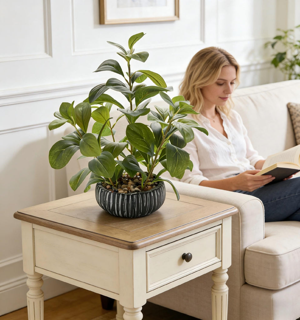14" Artificial Fig Leaf Plant Black Ceramic Planter Indoor Decor