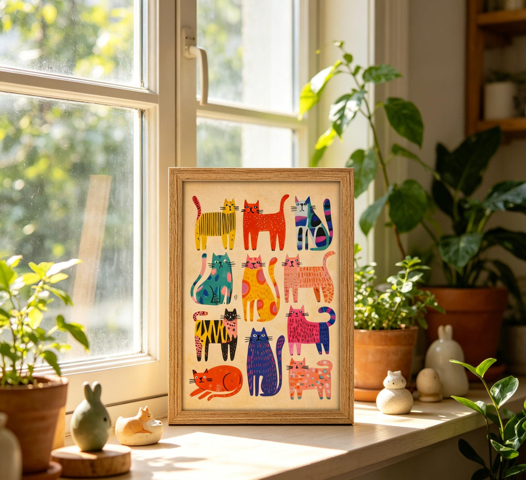 Framed Colorful Abstract Cat Wall Art, Cute Kitten Painting Canvas Print, Colorful Cartoon Animal Wall Decor