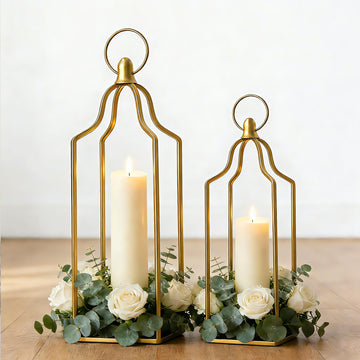Rustic Farmhouse Decor Metal Lantern Set of 2 Decorative Lanterns Indoor Outdoor Living Room, Fireplace, Patio