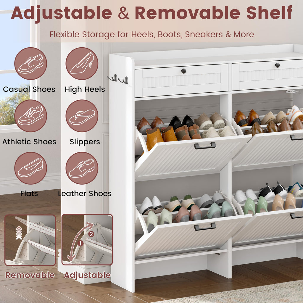 Fluted Shoe Cabinet, 4 Flip & 2 Top Drawers, White