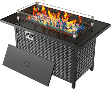 43′′ Propane Fire Pit, CSA-Listed 60,000 BTU Outdoor Gas Fire Pit Table with Glass Wind Guard, Tempered Glass Top