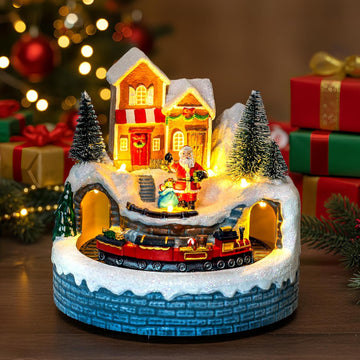 Animated Christmas Village Figurine - Lighted Santa Claus with Moving Train, Musical Holiday Collectible Statue