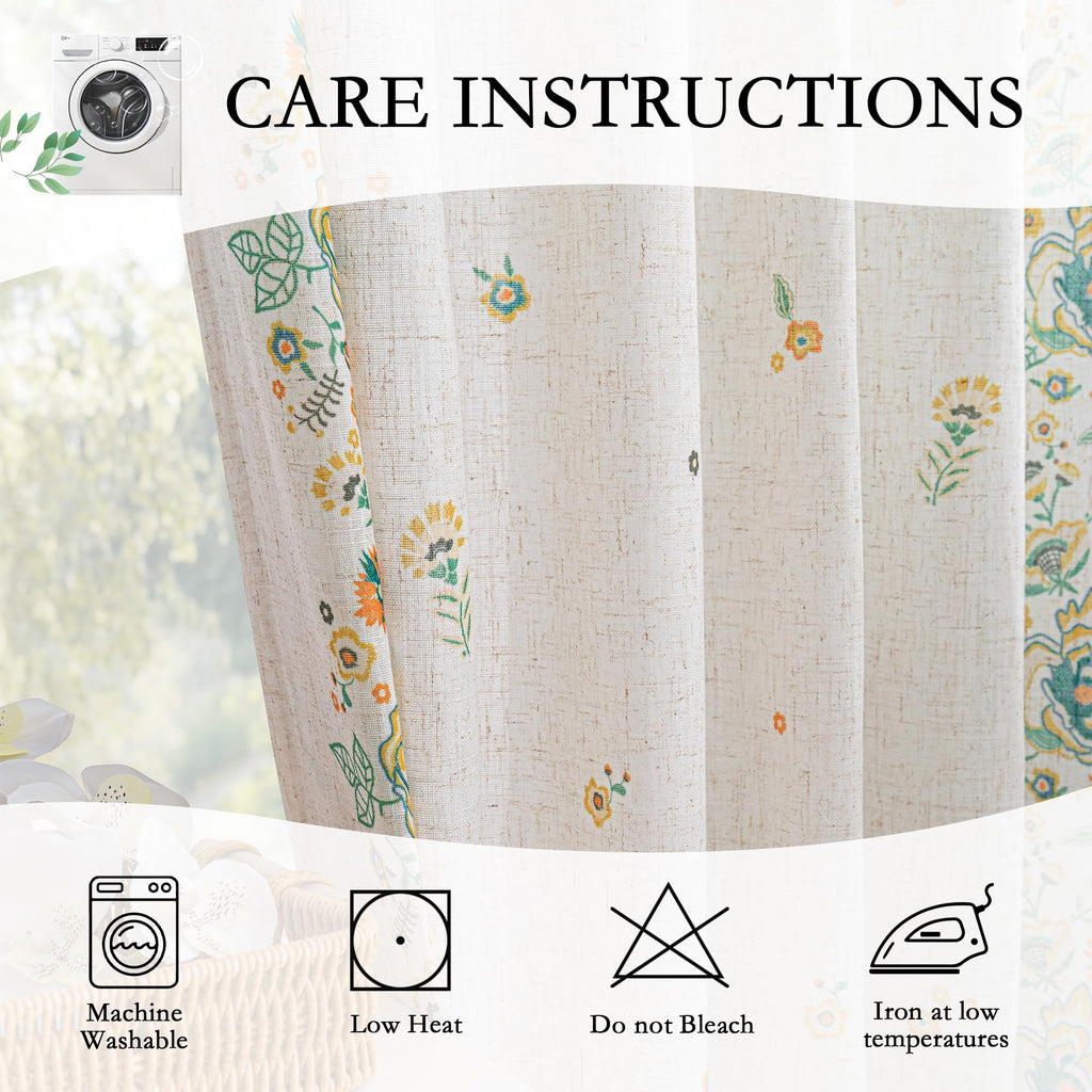 Boho Floral Curtains 72 inch Semi Sheer Linen Look Bohemian Style Farmhouse Printed Curtains Light Filtering Privacy