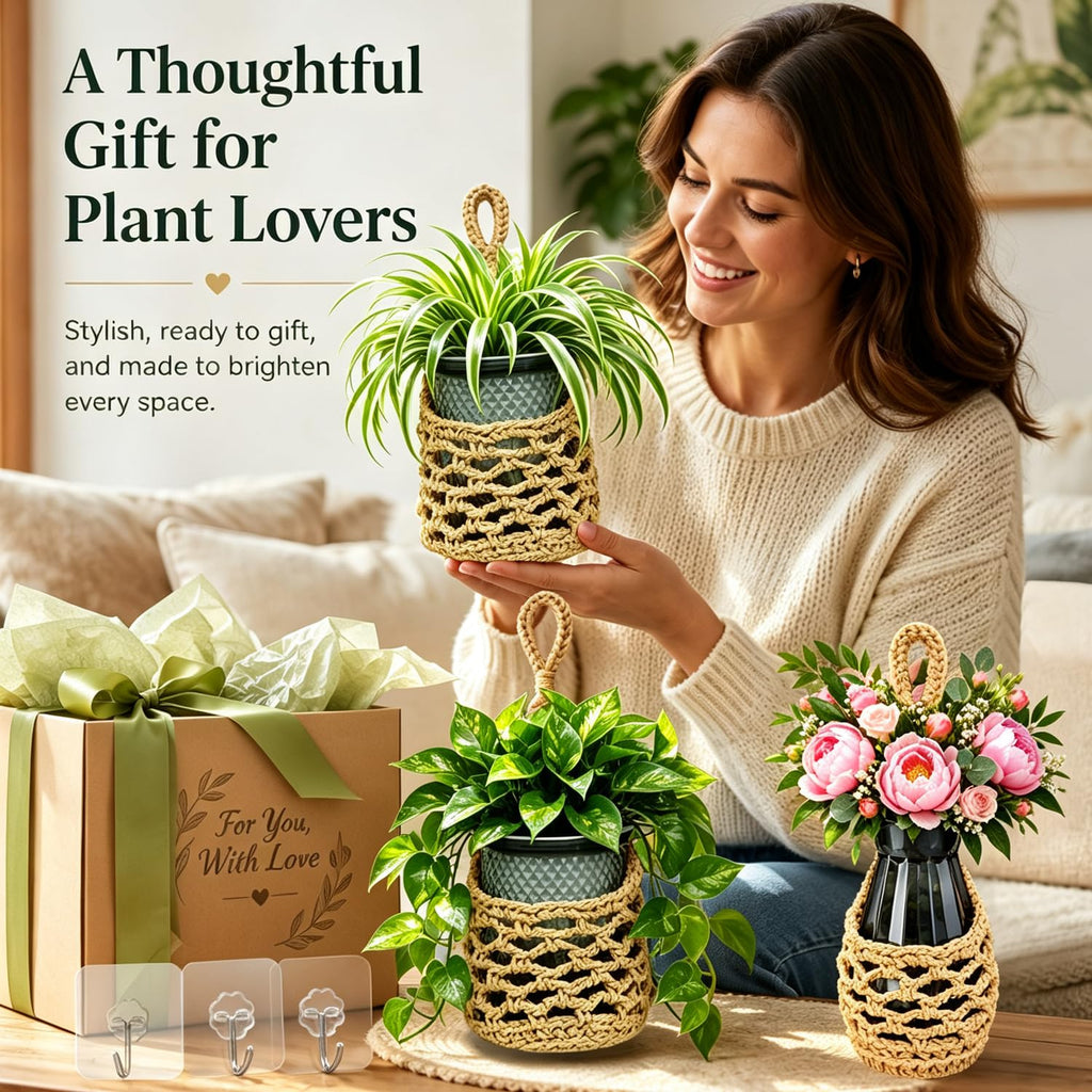 Hand‐Woven Macrame Wall Hanging Planters with Plant Pots, 3 Pack