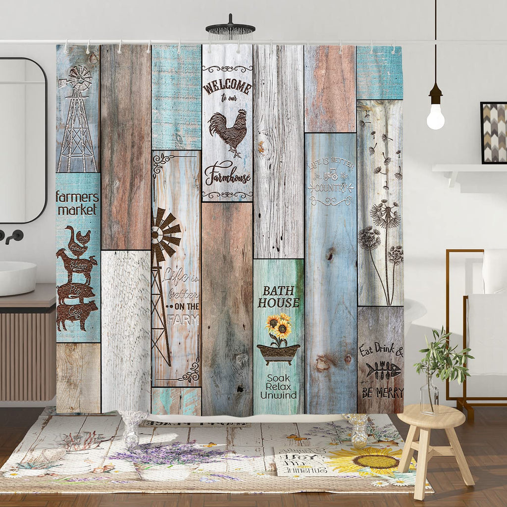 Farmhouse Rustic Set Vintage Country Shower Curtains Wood Farmhouse Bathroom Decor Polyester Fabric-72" x 72"