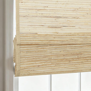 Cordless Bamboo Roman Shades, Woven Linen Roman Blinds, Light Filtering Natural Blinds with Border, Woven Beige, 37"