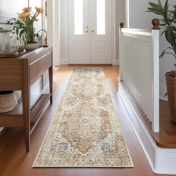 Vintage Medallion Washable Runner Area Rug, Brick Red
