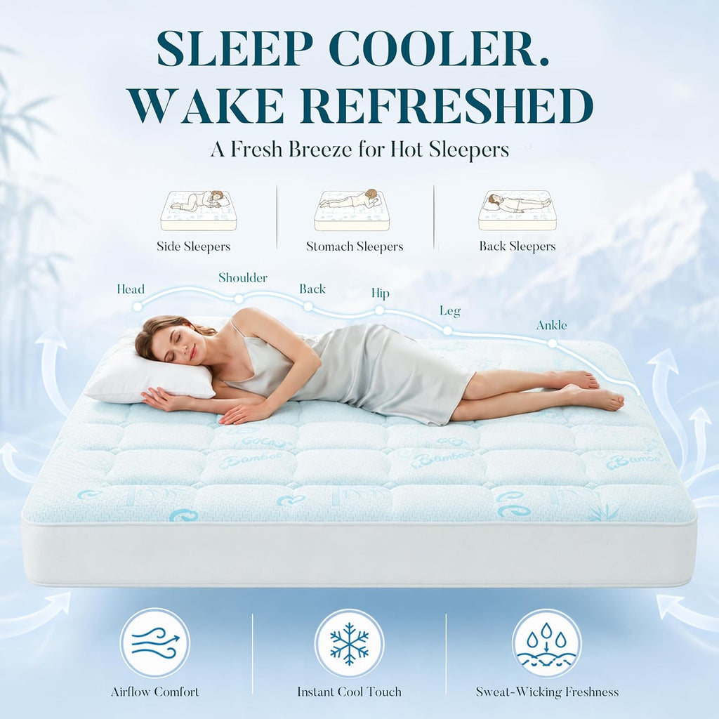 Queen Mattress Topper, Cooling Gel Memory Foam Topper for Hot Sleepers | Bamboo-Derived Breathable Fabric, Soft
