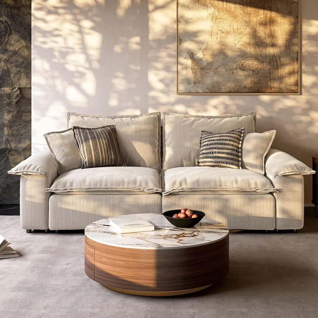 35.43" Modern Round Coffee Table with Storage,Sintered Stone Top Drum Coffee Table with Drawers,Oak Veneer,Circle Coff