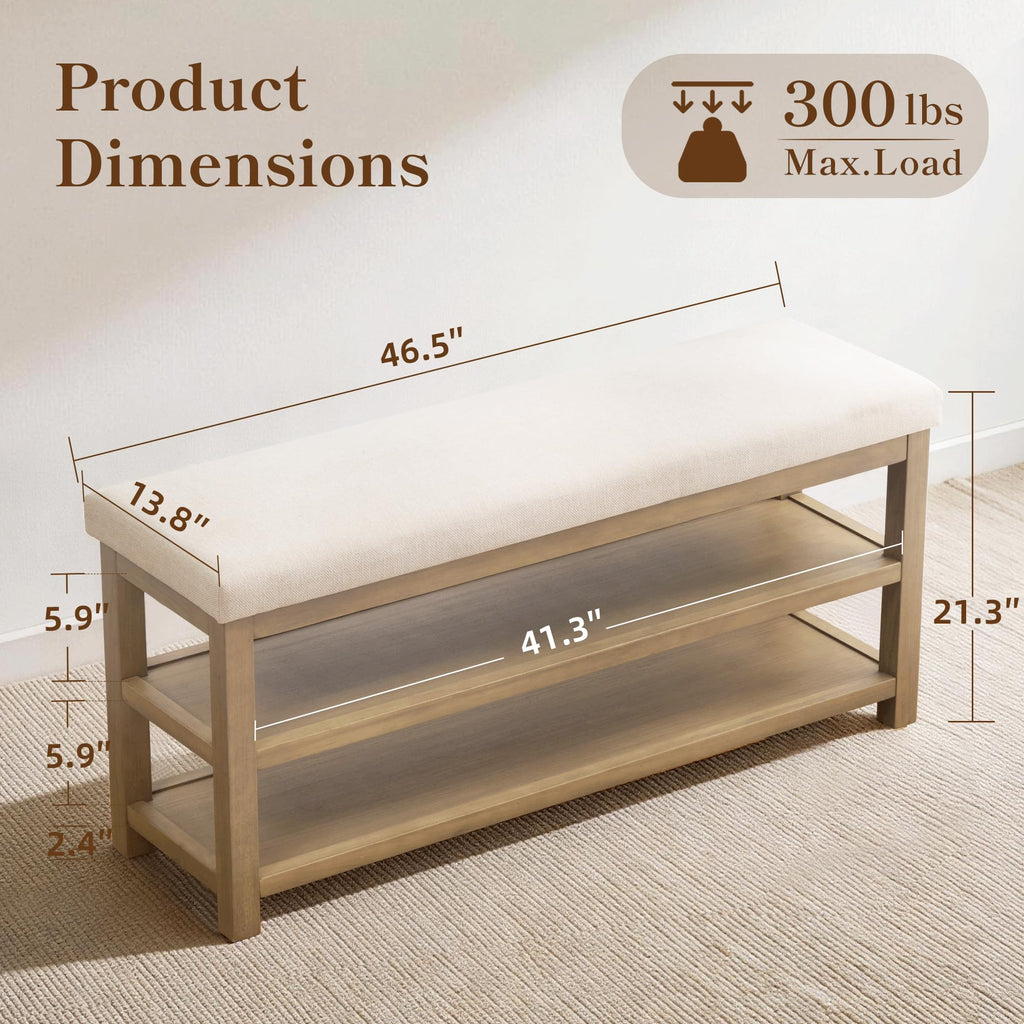 2 Tier Shoe Rack Bench with Cushion, Solid Wood Shoe Benches, Mid-Century Modern Shoe Storage Bench, Closet, Front