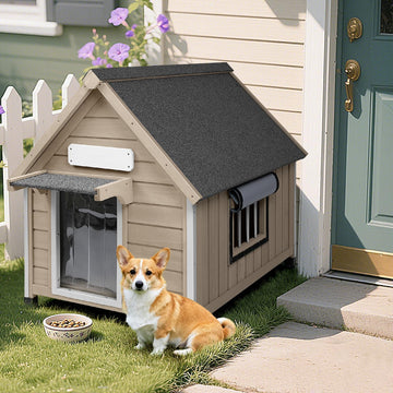 Outdoor Dog House for Small to Medium Dogs, Wooden Weatherproof Kennel