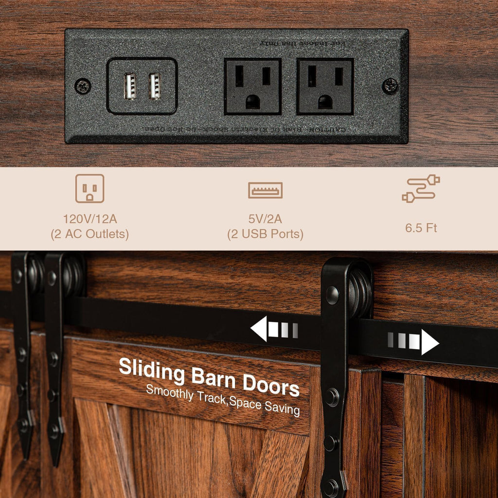 Farmhouse Coffee Bar Cabinet with Charging Station and USB, Brown