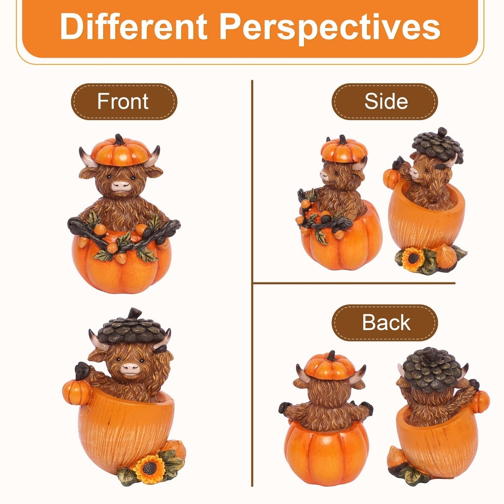Fall Decorations, Highland Cow Pumpkins Statues Cute Figurines