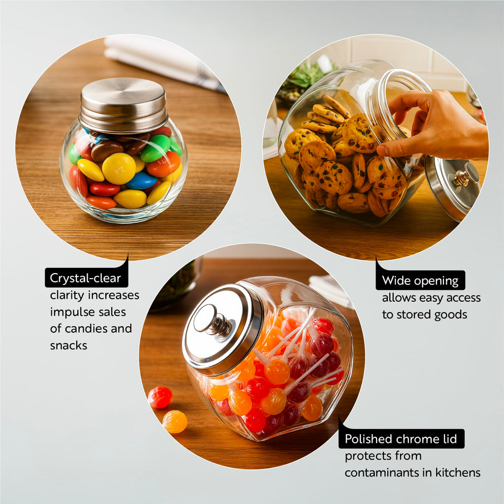 Glass Penny Candy Jar 1 Count 1 Gallon Wide Opening Glass Storage Jar With Chrome Lid, Crystal-Clear 4.53 x 4.53 x