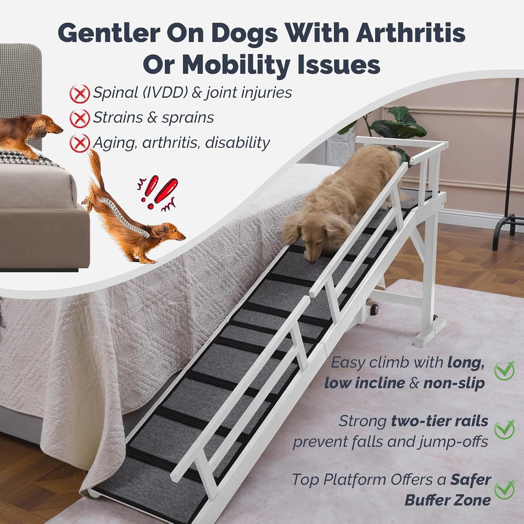 Dog Ramp for Bed or Couch, Wooden Pet Ramp with 20° Gentle Slope, Removable Side Rails, Non-Slip Surface, Top