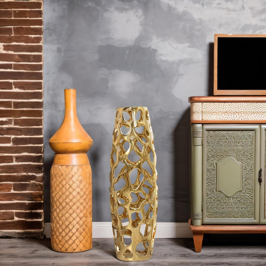 Large Modern Ceramic Floor Vase 24'' H Gold | Handmade Flower Holder Hand Carved Sophisticated Vessel for Decorative