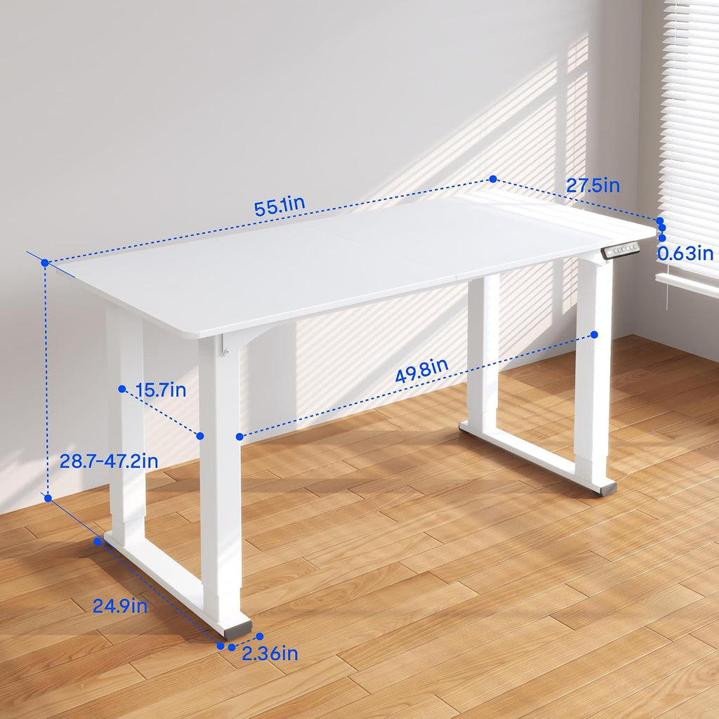 4-Leg Standing Desk, 55"x28", Electric Height Adjustable, White | Stable 4-Leg Frame, Spacious Workspace, Memory LED