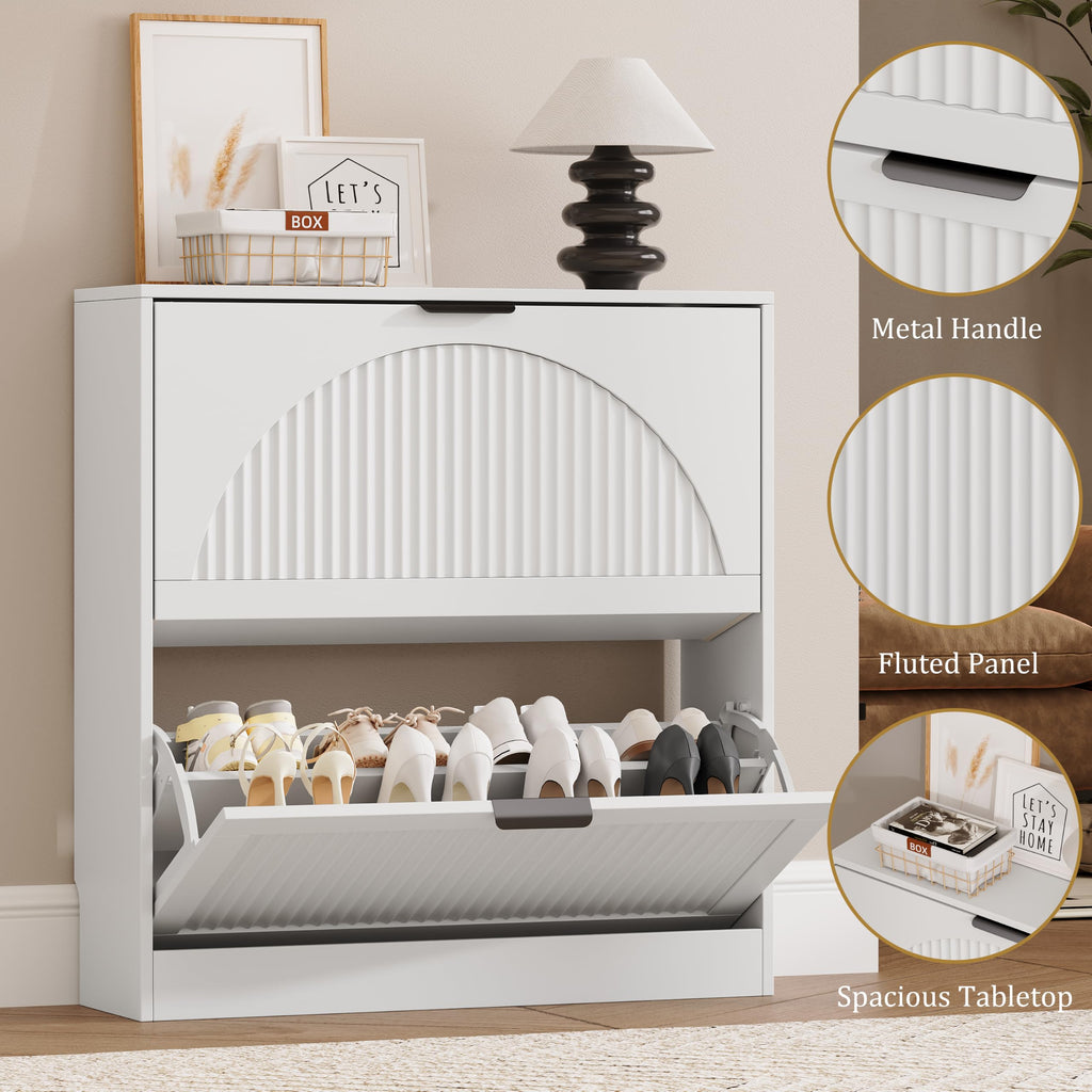 Fluted Shoe Storage Cabinet, 2 Flip Drawers, White