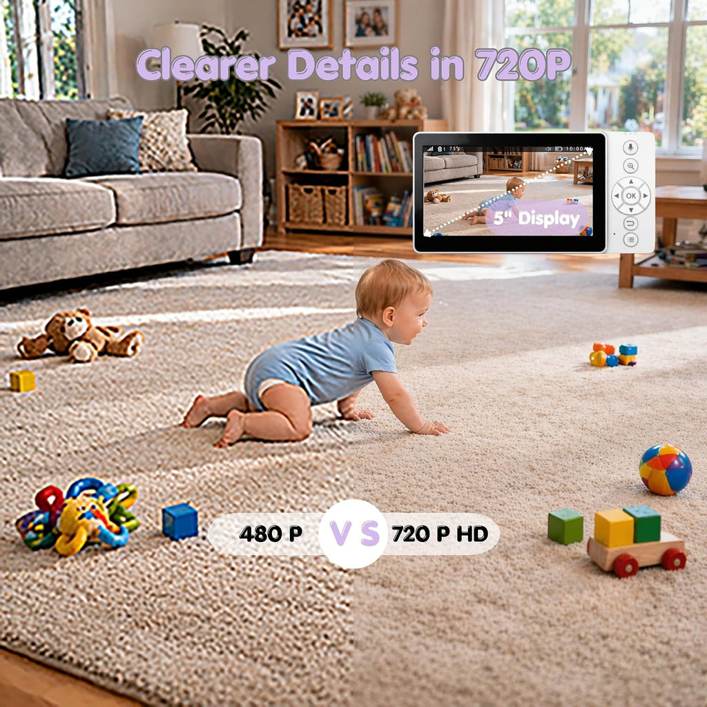 5" 720P HD Video Baby Monitor with Camera and Audio, No WiFi, No App