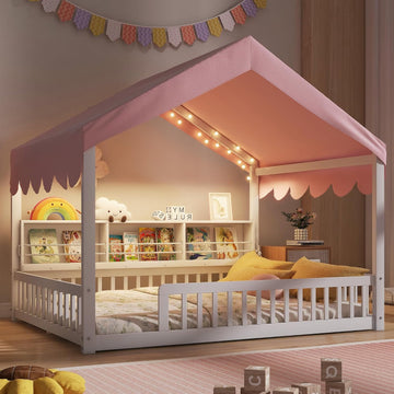 Montessori Floor Bed for Kids Toddler, House Shaped Kids Bed Frame with Safety Guardrail, Curtain &