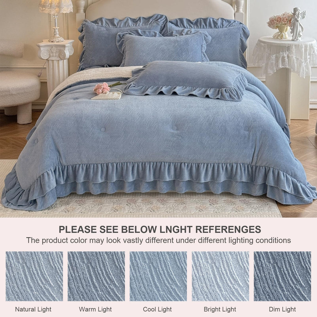 Fluffy Sherpa Comforter Set, Super Soft Fleece Blue Ruffle Bedding