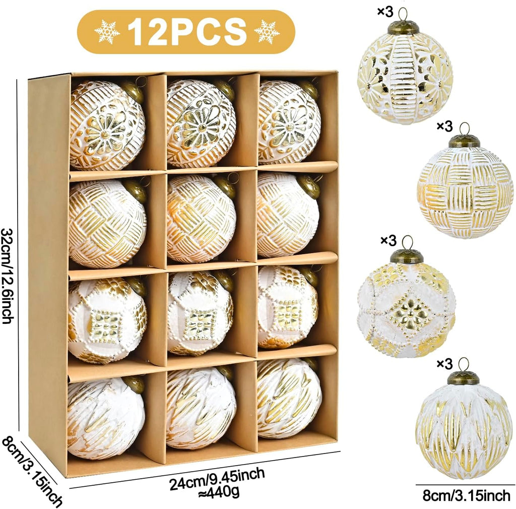 Christmas Ball Ornaments Set, 80mm Elegant White and Gold Assorted Xmas Tree Ball Ornaments, Shatterproof - Set of 12