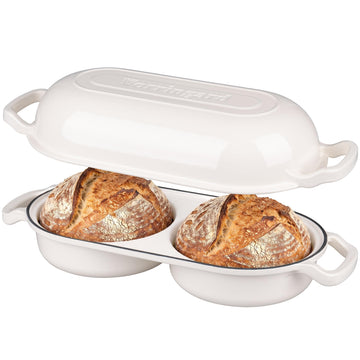 Enameled Cast Iron Double Dutch Oven with Lid, Dual Round Loaf Pan, Bread pan made Sourdough Bread Baking, White