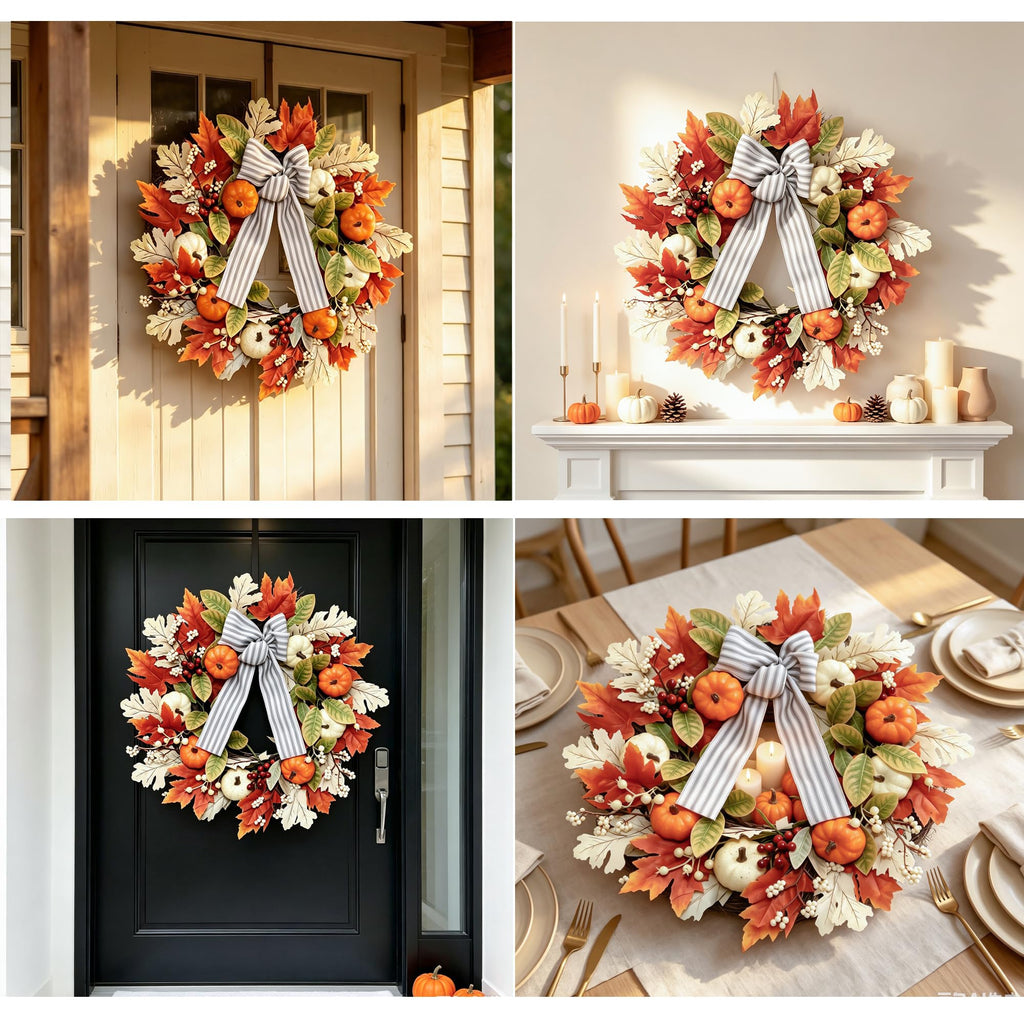 24 Inch Fall Wreaths for Front Door, Home Decor Farmhouse Off White