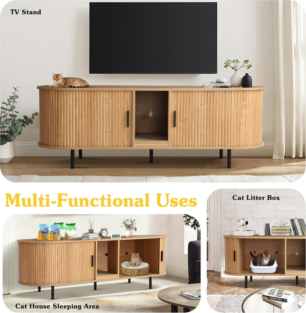 Hidden Cat Litter Box Enclosure with Sliding Door, Built-in Scratch Pad, 63" Modern Indoor Cat House, Fluted