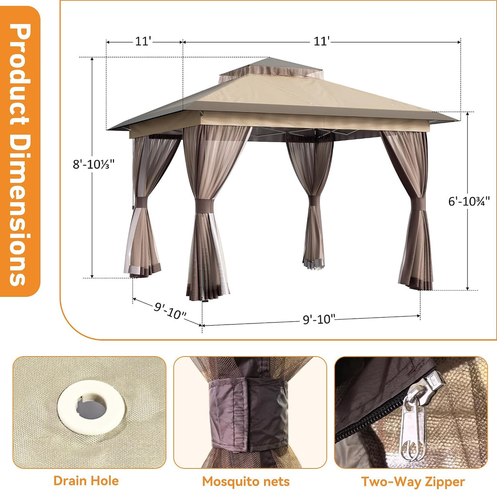 Pop Up Gazebo 11'x11' Canopy Tent, Outdoor Gazebo with Double Ventilated Roof