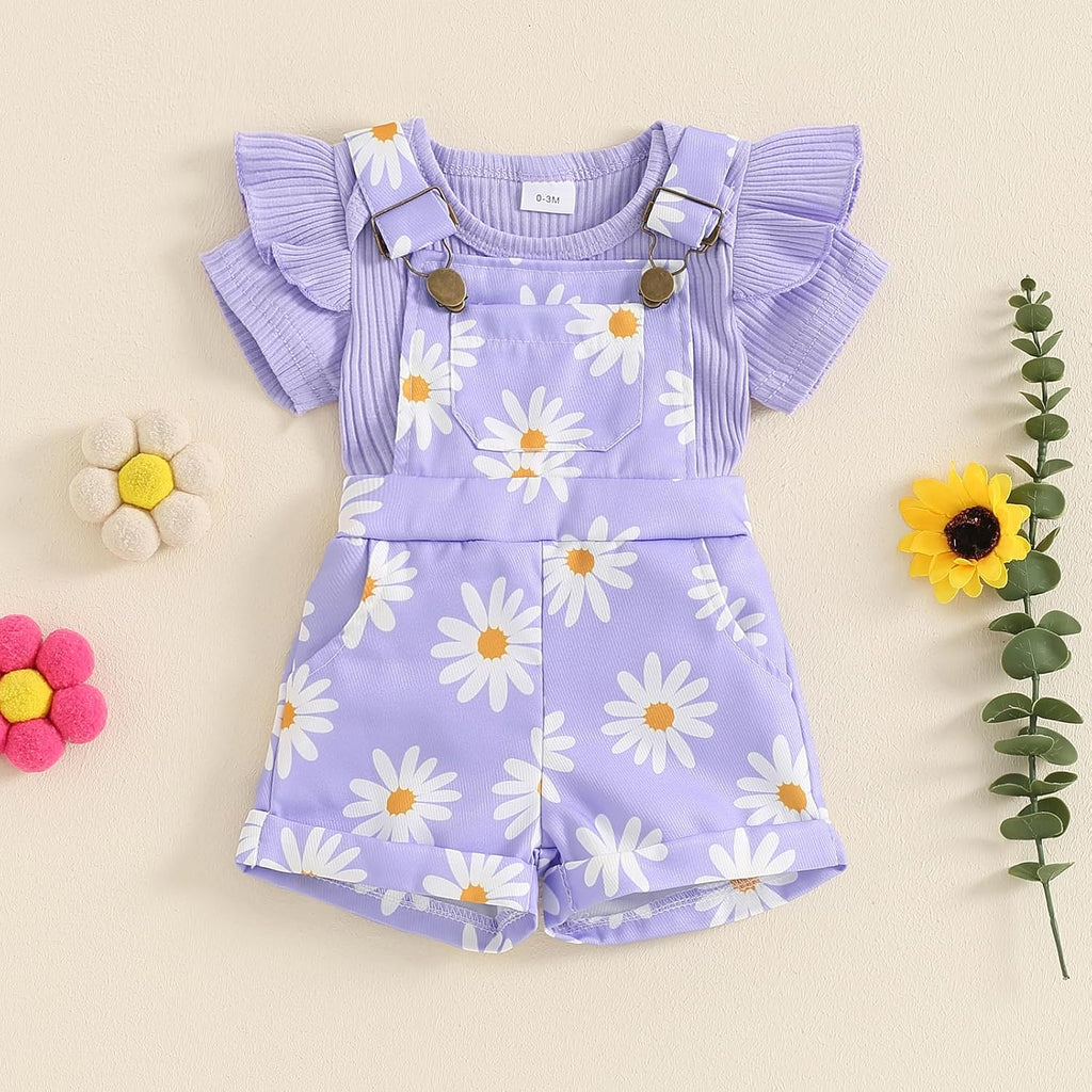 Newborn Baby Girl Clothes Summer Outfit Short Sleeve Ribbed Romper Floral Suspender Overalls Shorts Set