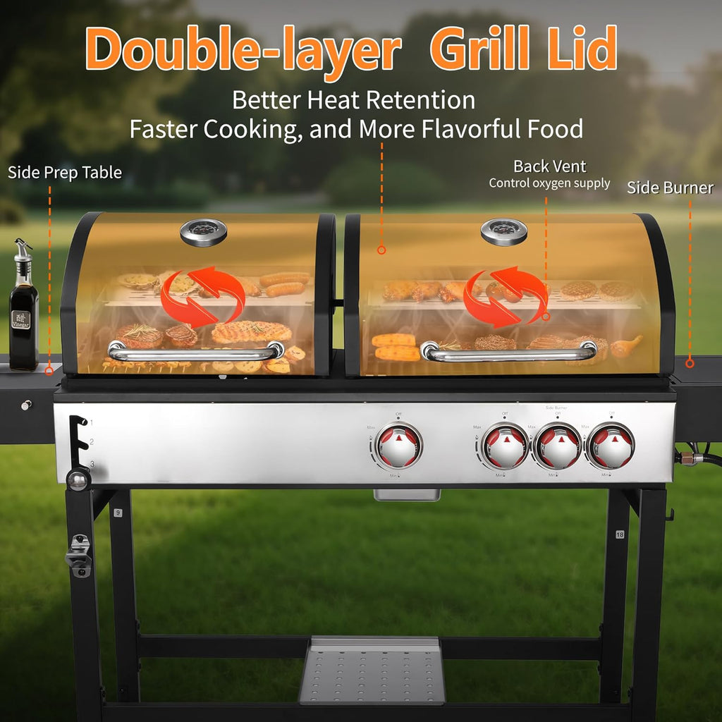 Charcoal and Propane Gas Grill Combo with Side Burner, Dual Fuel BBQ Grill with Porcelain-Enameled Cast Iron Grates