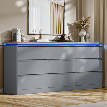 9 Drawer Dresser, 62.99" Long Gray Chest of Drawers w/LED Lights & Charging Station, Curved Profile Design, Modern