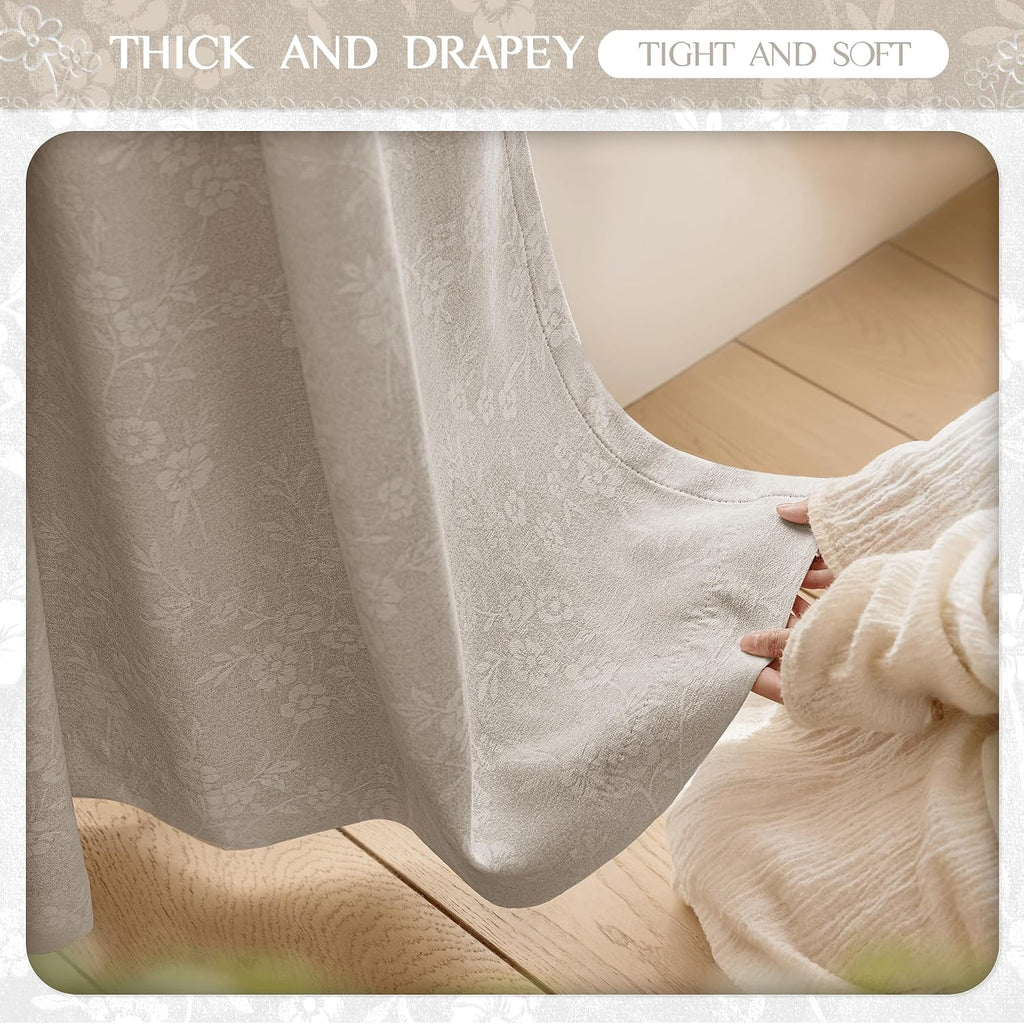 Beige Floral Jacquard Blackout Curtains 84 Inches Long 2 Panels for Living Room Bedroom Chenille Flower Room