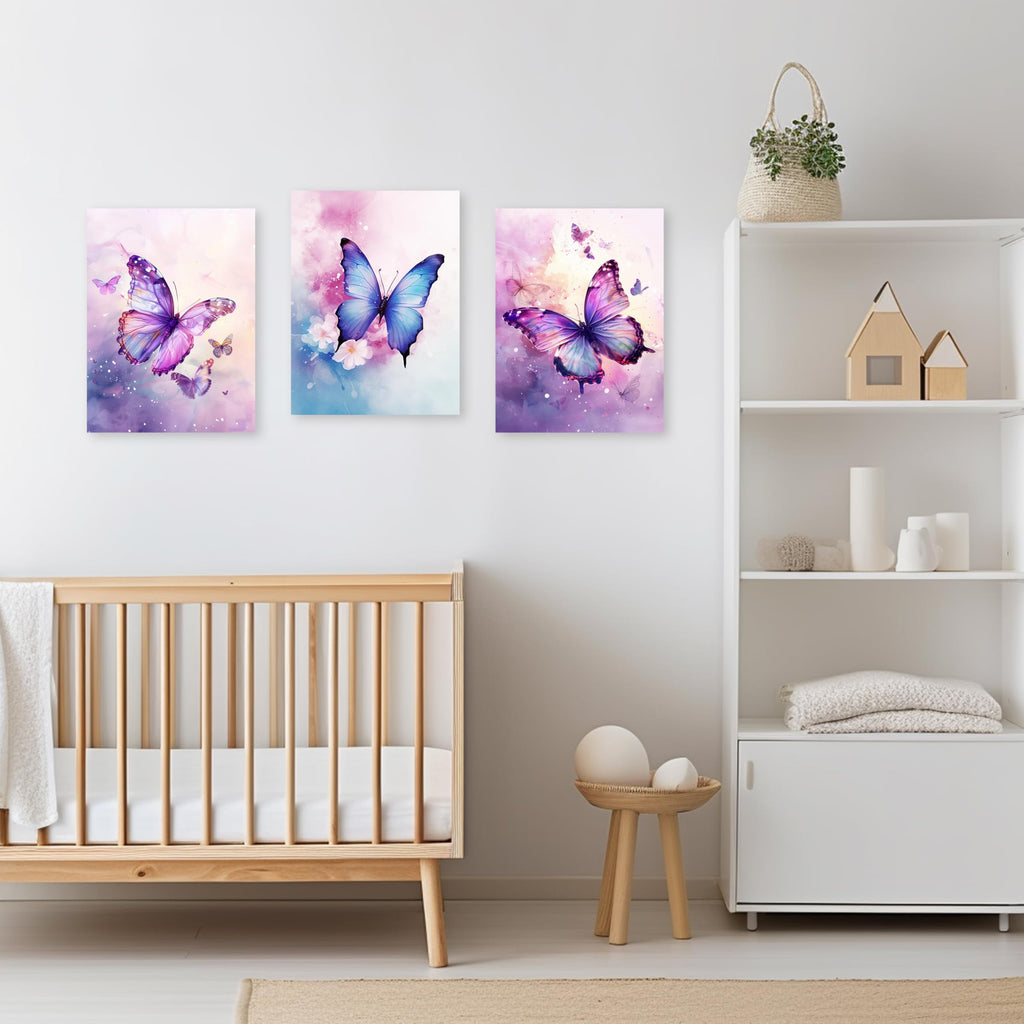3 Piece Purple Butterfly Canvas Wall Art Butterfly Pictures Wall Decor Watercolor Painting for Girls Room Decor