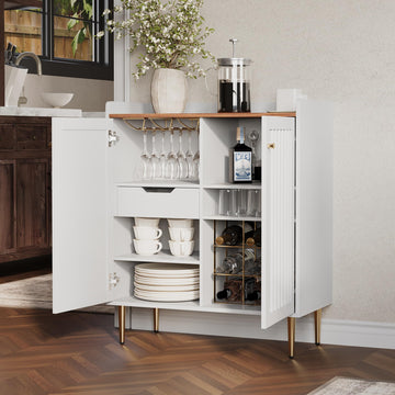 Fluted Wine Bar Cabinet with Storage and Glass Holder, White