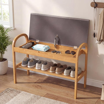 Bamboo Shoe Rack Bench with Storage, 2-Tier Entryway Bench with Flip Top Storage and Padded Seat Cushion, Shoe Rack