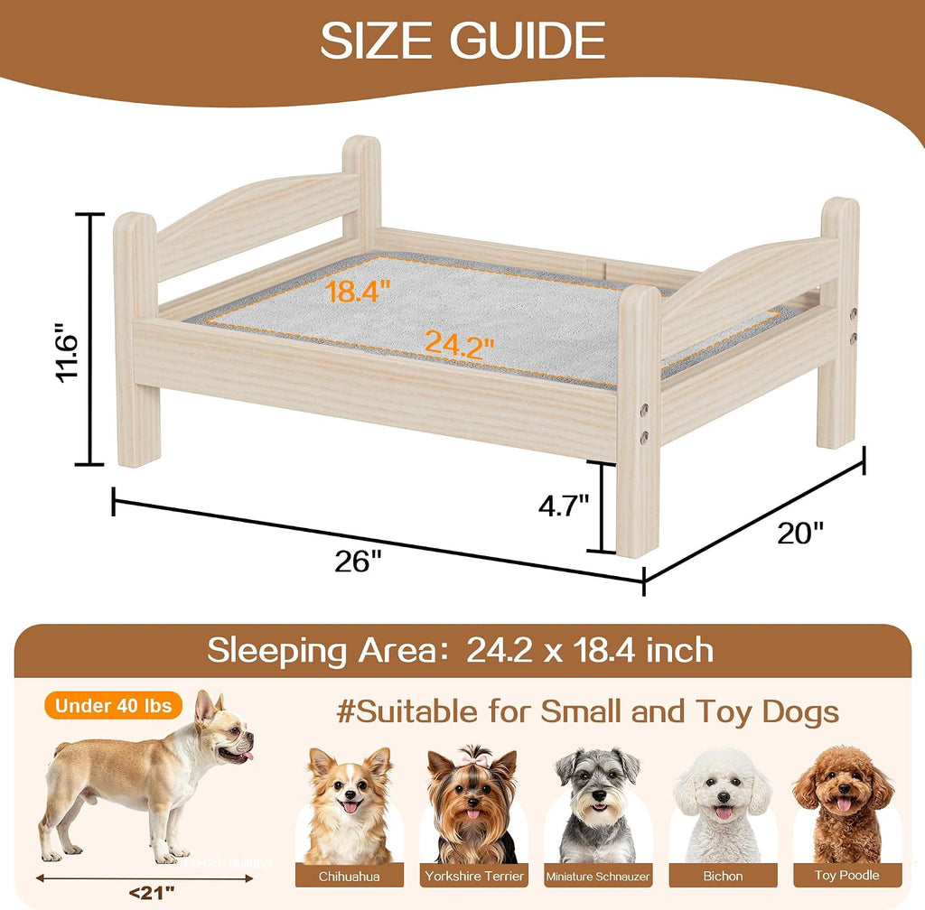 Elevated Dog Bed with Mat for Small Dogs, Solid Wood, Spine-Friendly Design