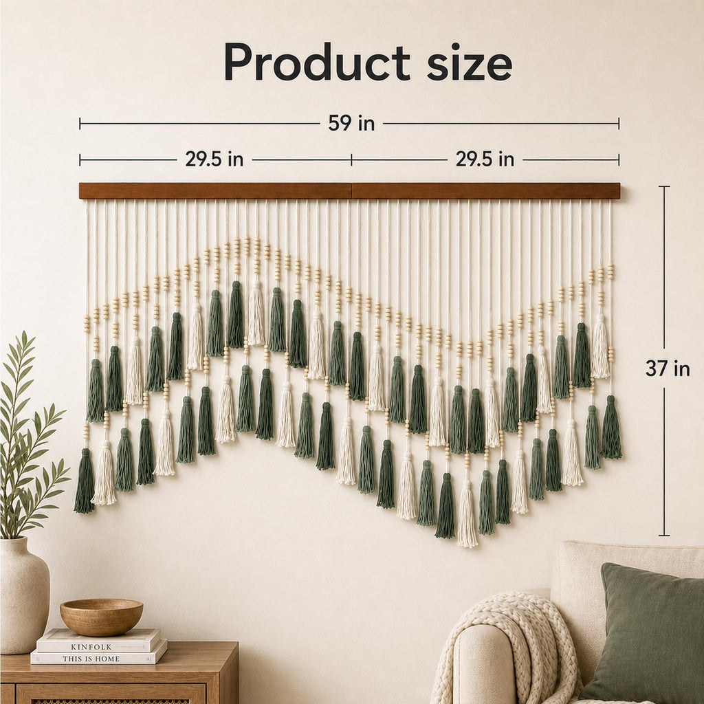 Large Boho Macrame Wall Hanging 59×37", Farmhouse Hanging Green & White