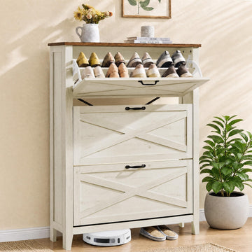 Farmhouse Shoe Cabinet, Narrow Storage Organizer, 3 Flip Drawers