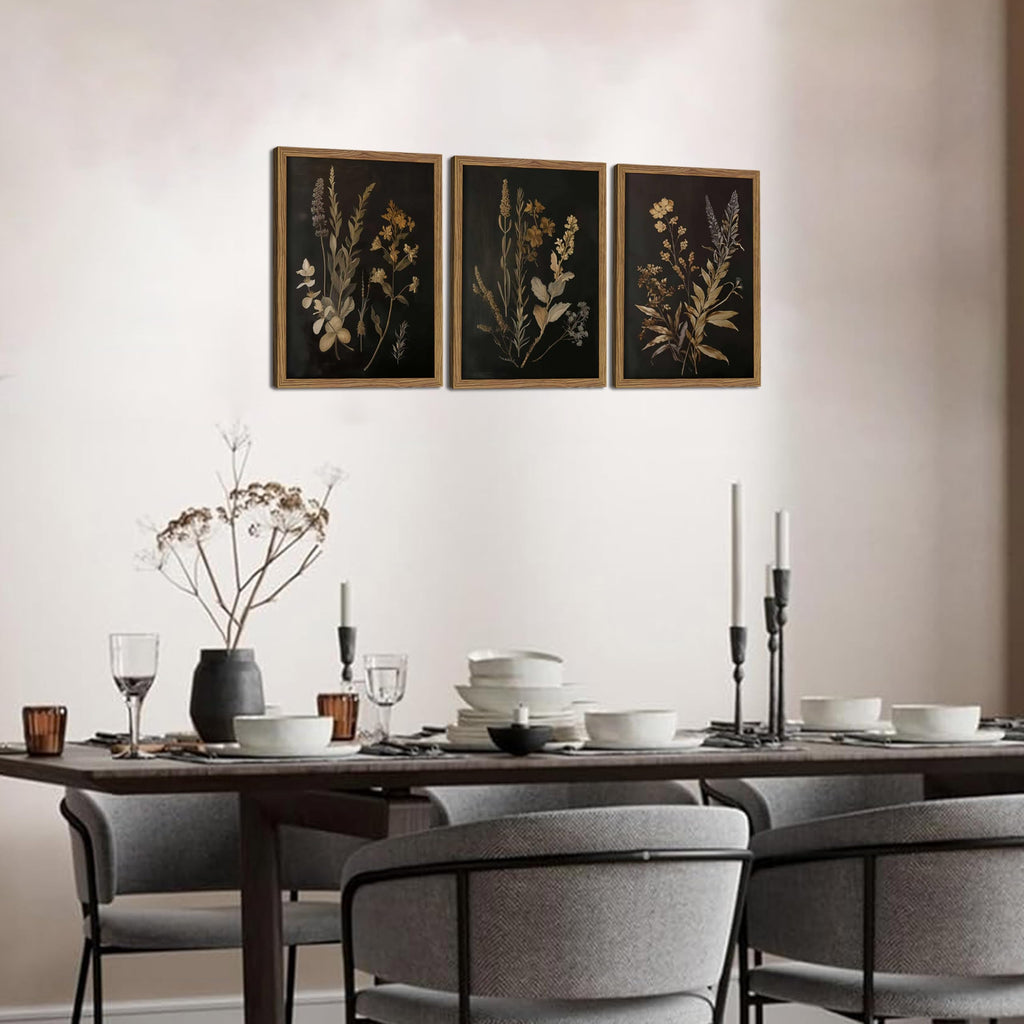 Framed Dark Botanical Wall Art Set of 3, Black Moody Floral Wall Decor Paintings, Dark Academia Decor, Vintage Flower