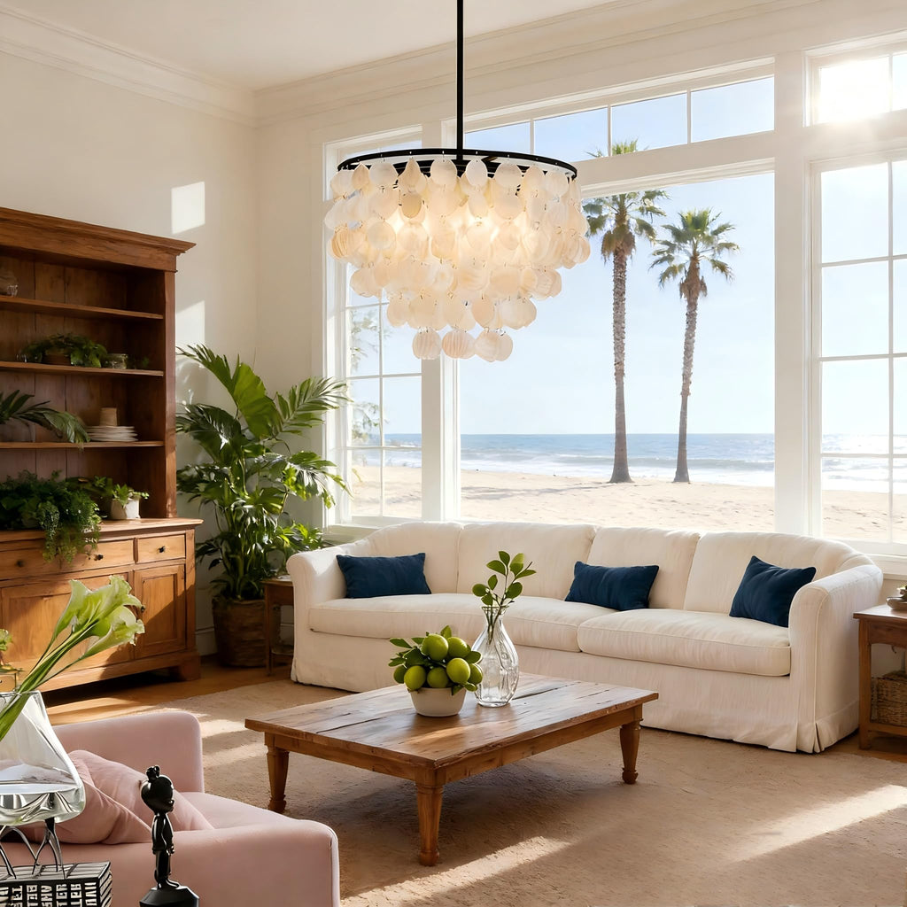 4-Lights Capiz Shell Chandelier - 17.7" Coastal Chandelier For Dinning Room, Beach House Modern Black Light Fixture