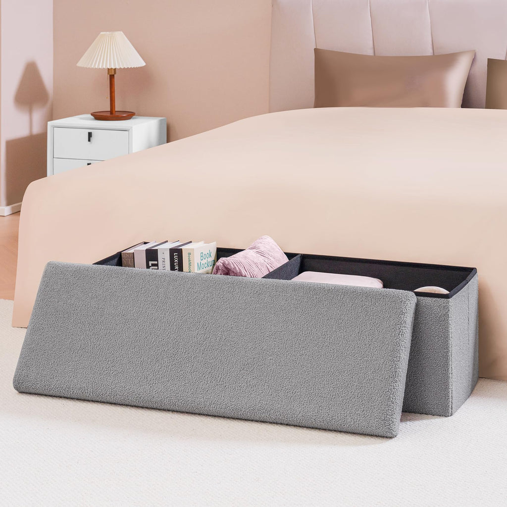 Folding Storage Ottoman Bench, Grey Boucle Square