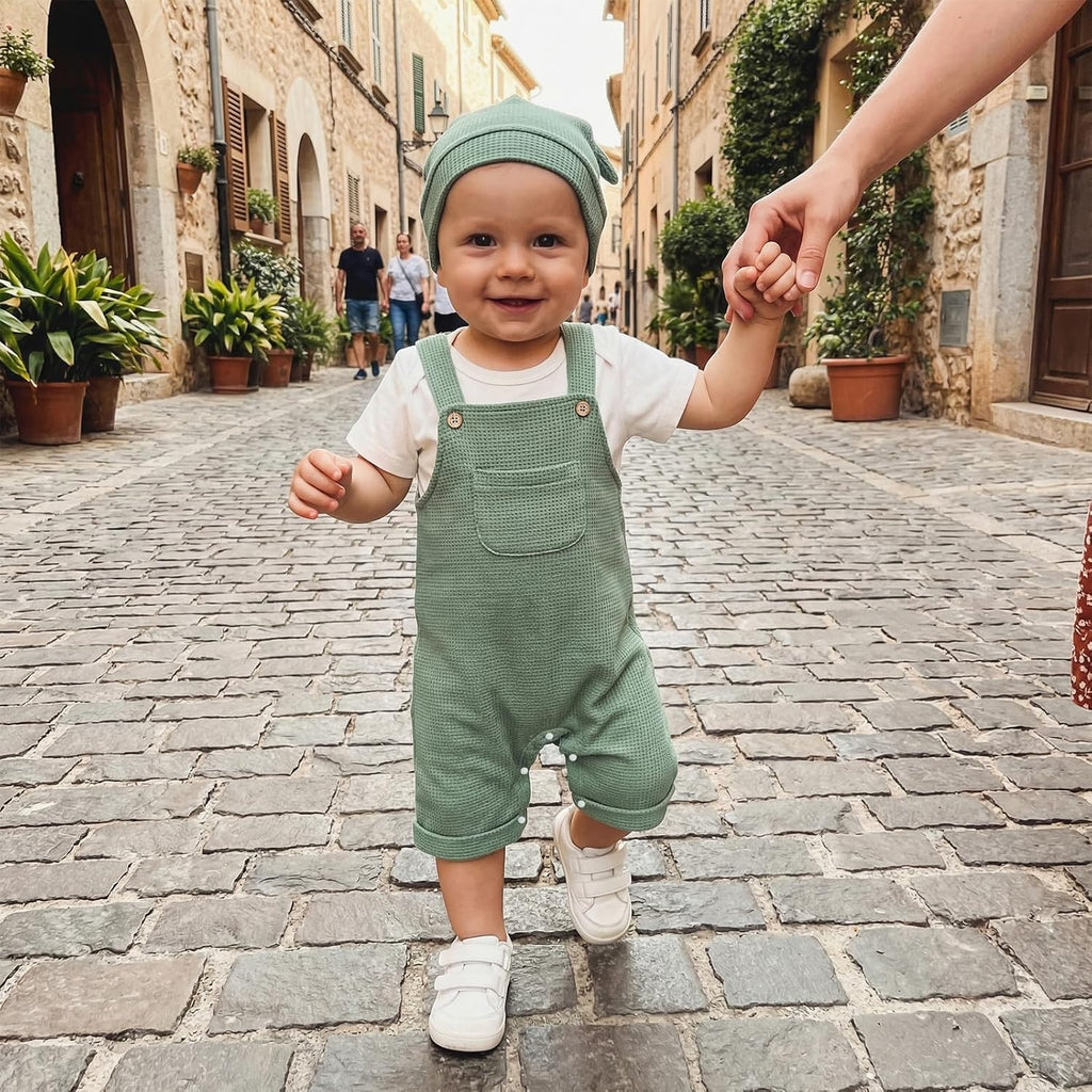 Newborn Baby Boy Clothes Summer Outfit Solid Color Short Sleeve Romper Waffle Suspender Shorts Overall Set 3Pcs