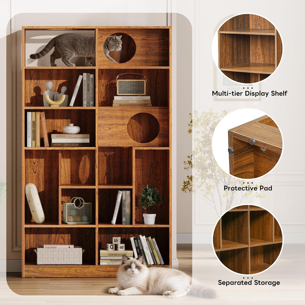 Modern Cat Climbing Bookshelf with Storage Cubes and Hidden Cat Houses, Tall Wooden Cat Tower Organizer with Pass