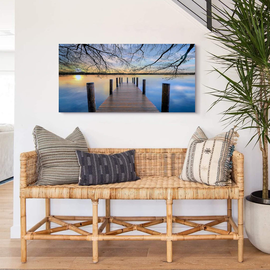 Lake Canvas Wall Art Picture - Landscape Artwork Nature Scene Dock Painting with Sunset Calm Pier Print Wall Living
